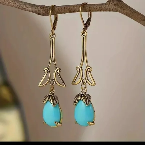 Gold-Tone Drop Earrings with Turquoise Teardrops — Women's Jewelry - Picture 1 of 5